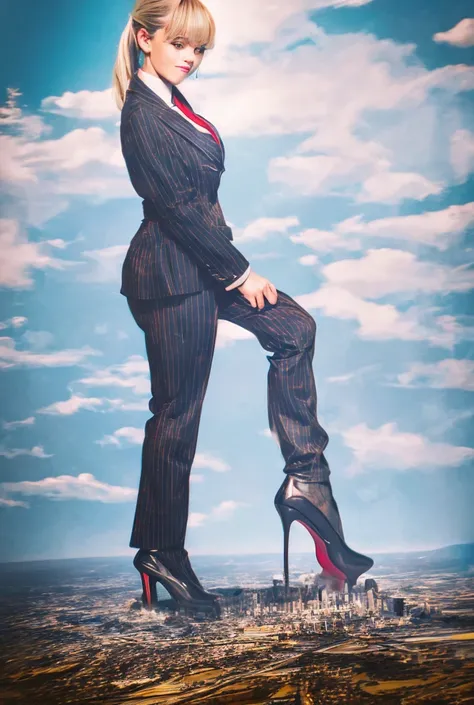  (Masterpiece, Best Quality),, young , beautiful bbw a massive curvy blonde ponytail red lips wearing a perfect grey pinstripe suit and blazer with a thick and large red tie large collar massive breasts. Platform high heels , standing, giantess art, highly...