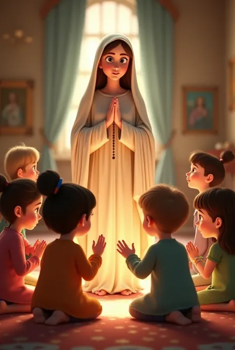 children praying the rosary and Our Lady around them, Pixar style, 