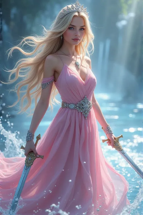 create an image of a beautiful and mature, swordsman with water powers,  pink dress, Tiara Rosa, blue colored eyes, long and blonde hair