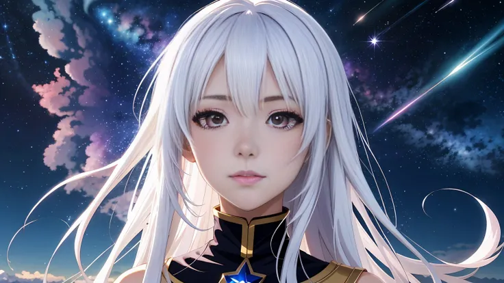 anime girl with long white hair and a star in her hair, White haired deity, anime girl with cosmic hair, star(sky) starry_sky, visual anime of a cute girl, anime splash , bright white aura, Girl with white hair, ethereal anime, akasuki voidstar, celestial ...