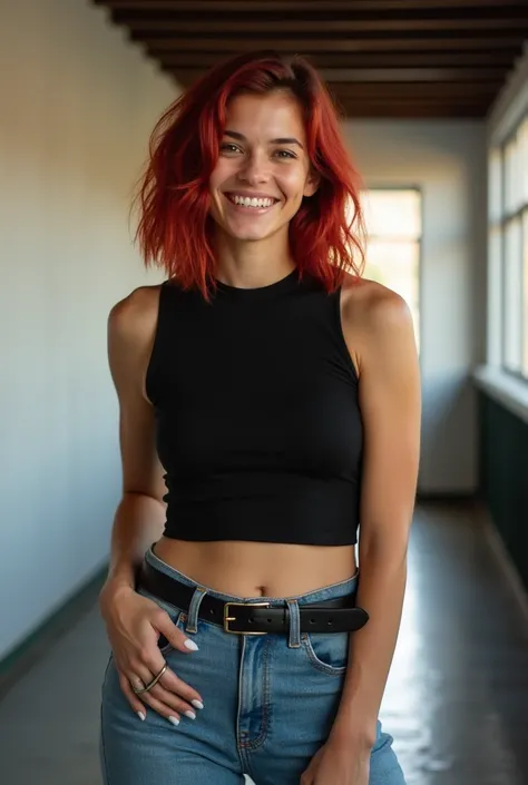 smiling, Shoulder length wavy hair with red highlights, black sleeveless crop top, denim jeans with a black belt, Silver ring, relaxed pose, standing, looking to the camera, indoor environment, white and dark walls, natural lighting, light coming from the ...