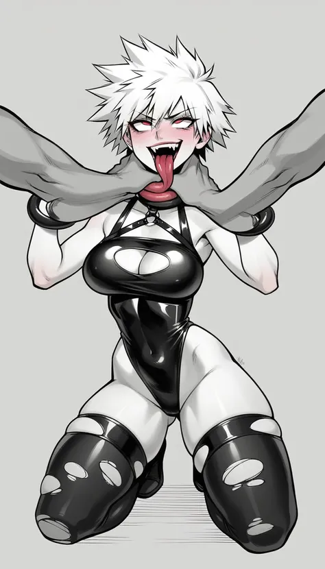 Mitsuki bakugo MHA, big boobs, wearing a  latex highwaist swimsuit, in very high torn stockings , in a red thong, eyes roll back, choking herself hardcore, open mouth, extremly sloppy long tongue, extremly thick thighs, splitting legs while kneeling down o...