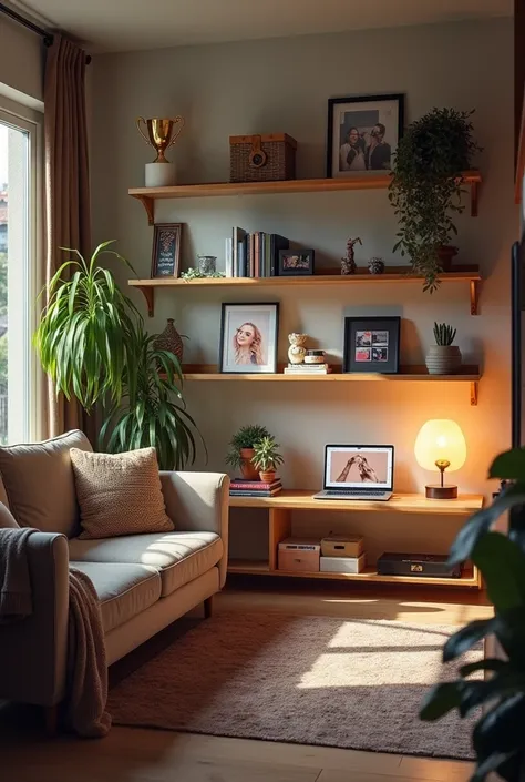 A YouTube room with a trophy a sofa in a quiet love seat 