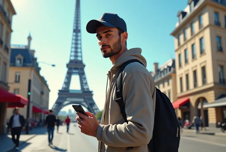 A handsome young white man with black hair, wearing a baseball cap and lightly stubbled beard and mustache. He has an attractive and well-groomed appearance. He is dressed in a casual yet fashionable outfit with branded sneakers. He is speaking on an iPhon...