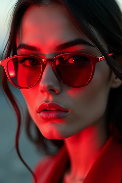 create an image to be a music album cover. the content of the image is as follows: a woman wearing glasses with red lenses from the ray-ban brand, but instead of “ray-ban” it is “Red-Lenz”. the image must be a close-up of the glasses, he being the main one...