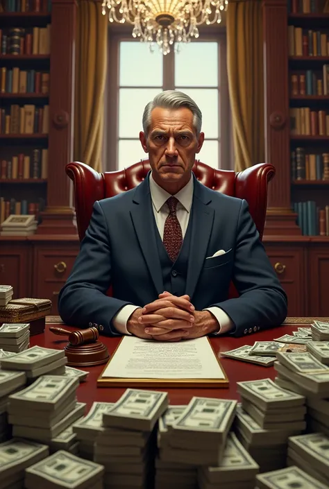 create a politician sitting at a luxurious desk inside a sumptuous office,surrounded by piles of money.
