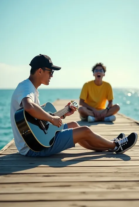 Realistic photography, facing the camera. young Indonesian man wearing a black snapback hat that says KING, white t-shirt and black glasses, blue short jeans, sneakers sitting at the end of the beach pier while strumming a black acoustic guitar, next to hi...