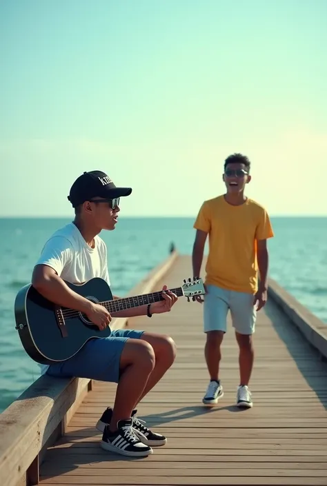 Realistic photography, facing the camera. young Indonesian man wearing a black snapback hat that says KING, white t-shirt and black glasses, blue short jeans, sneakers sitting at the end of the beach pier while strumming a black acoustic guitar, next to hi...