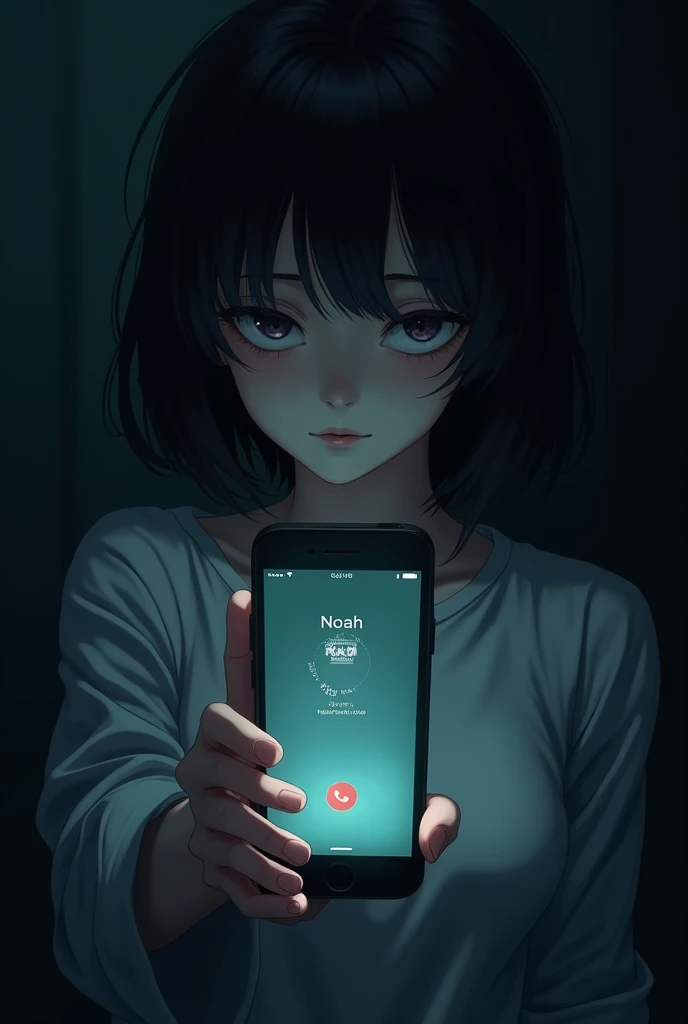 (anime) a woman hand holding a phone, with calling in the phone, (the name Noah is in the screen), (with a small water drop on the phone screen), dark background