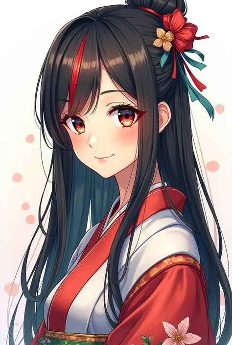 create a coloring image, of an Asian girl with long straight hair with a red streak, without bangs, wearing traditional Japanese clothing, with a serious and cold posture, but still smiling lovingly.