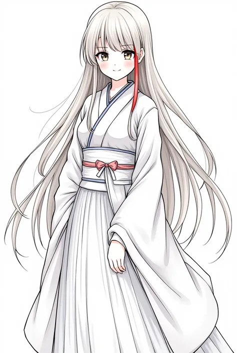 create a coloring image, of an Asian girl with long straight hair with a red streak, without bangs, wearing traditional Japanese clothing, with a serious and cold posture, but still smiling lovingly, without cutting the character in the corners.