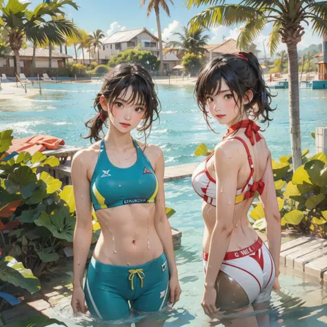 ((highest quality, masterpiece, High resolution)), ((reality)),Photos of beautiful Japanese women,((anime art))、 (((1 girl))), normal size breasts, slim body shape, long ponytail,double eyelid, Wet see-through bikini,Clean abs,muscular body, A pareo with b...