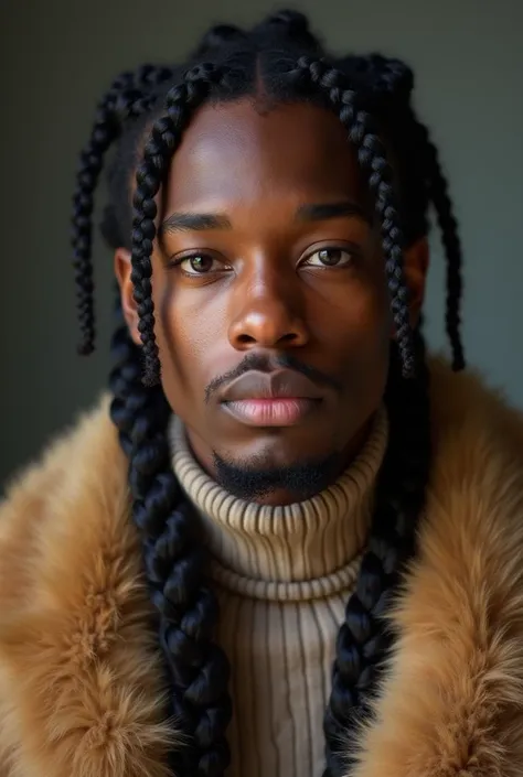 portrait photography of a young man with ((french braids)) In a fur ensemble,  either faux or real,  exuding luxury and warmth,  centered subject,  straight-on angle,  eye-level perspective,  softbox lighting,  richard avedon