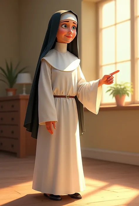 saint faustina pointing her finger to the side pixar style, 