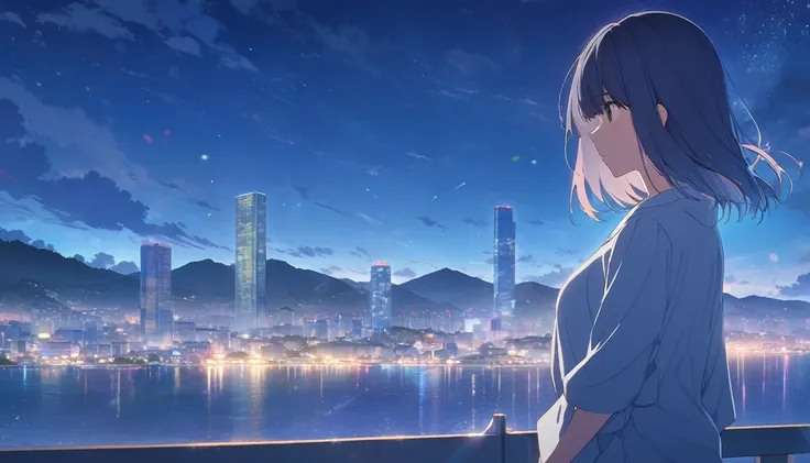 High definition、high resolution、Masterpiece、evening、Numerous pastel glitters、The sky is dark、A city with an ocean view、Fukuoka City、City、young woman、Makoto Shinkai style、