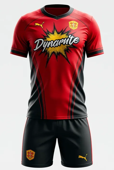 make me a complete brazilian soccer team uniform designer. in red colors, black and gold and white, written in the middle dynamite football club