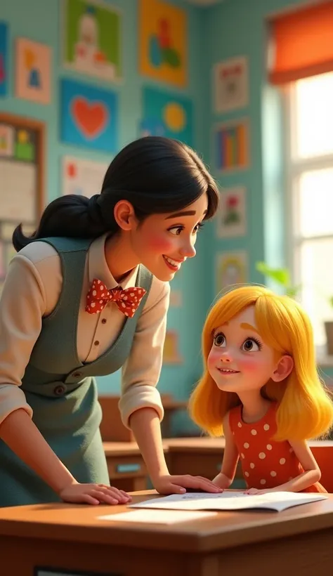 A pixar style of a teacher looking to a  girl with yellow hair at classroom 