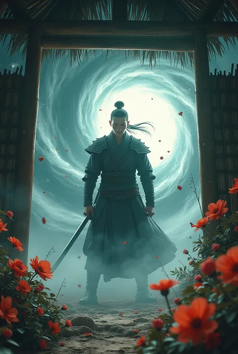 painting, a Chinese warrior with a sword in his hand, Swirling cyclone, Bambushut, Super wide angle lens, bunte Arrangements, Shige&#39;s visual aesthetic style, from flowers, claire-obscure lighting, dark orange and blue-green, I can&#39;t believe, how be...