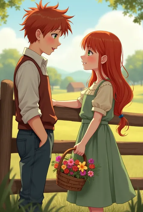 A red-haired girl with greenish eyes wearing a peasant dress and talking casually with a farmer&#39;s boy. She has a basket of flowers in her hand and freckles they stand at a fence