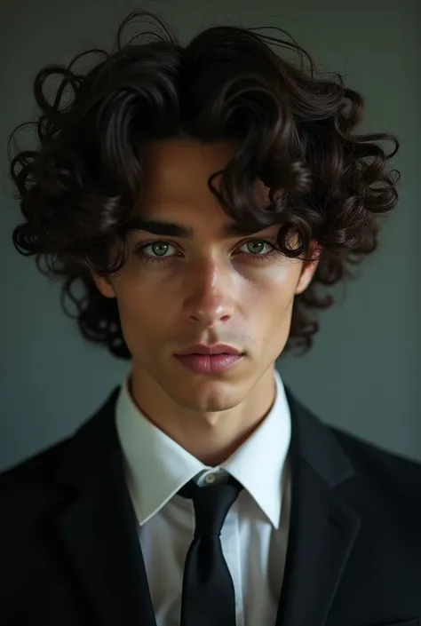 portrait photography of a young man with ((spiral curls hair)) With a tie or bowtie,  adding a formal or quirky touch to the ensemble,  close-up shot,  eye-level angle,  centered framing,  morbid light,  richard avedon