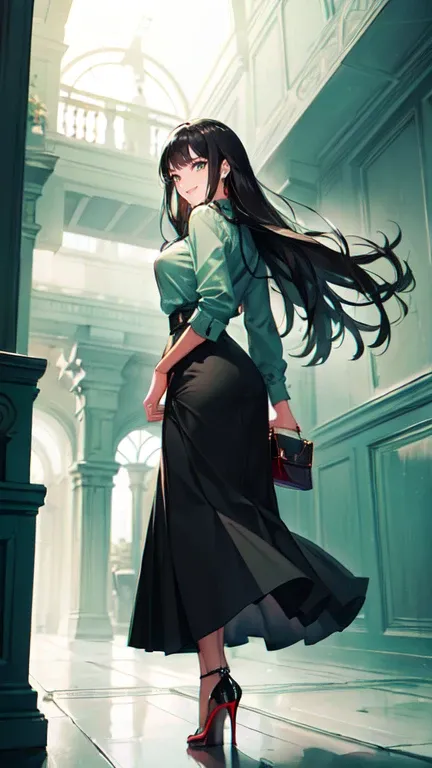 ((masterpiece, high resolution, better quality, better details)), ((Smiling)), ((one girl)) a girl standing, full body, maxi green skirt, blouse,((louboutin high heels)), green eyes , ((black hair, long hair)), shiny skin, ((behind view)), solo, from behin...