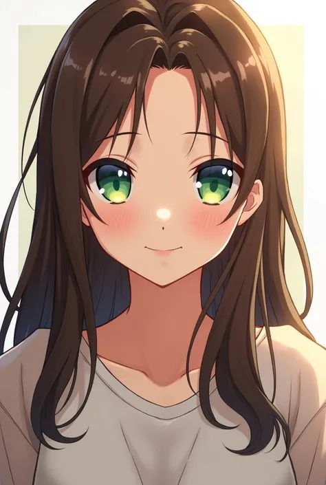 anime young woman with middle part, brown long hair, and green/blue eyes with intense stare