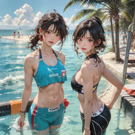 ((highest quality, masterpiece, High resolution)), ((reality)),Photos of beautiful Japanese women,((anime art))、 (((1 girl))), normal size breasts, slim body shape, long ponytail,double eyelid, Wet see-through bikini,Clean abs,muscular body, A pareo with b...