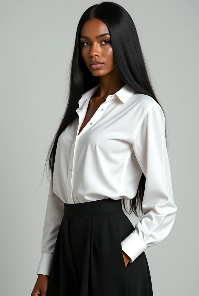 Woman with dark skin, long straight black hair, 8k photo,  full body with white shirt black skirt with clothes

