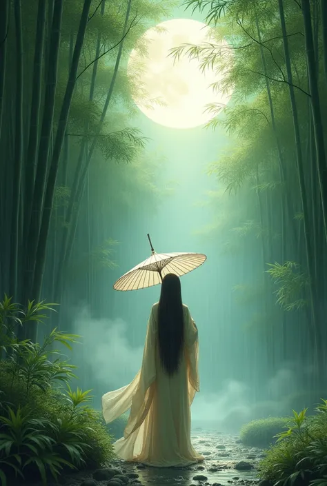 Dynamic picture of a bamboo forest, great art, great sense of depth, ground-level shots, the most beautiful bamboo forest in the world, bamboo leaves glistening in the rainwater, moon (pale), pale cloudy sky, pretty woman (ancient Japanese aristocrat) , be...