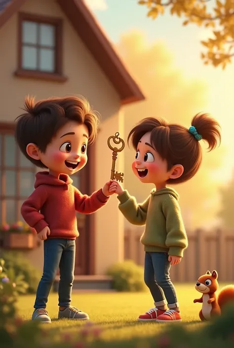 Two siblings stand in front of a small, cozy house. The sister, with a proud and satisfied expression, is handing over an oversized golden key to her surprised and grateful sibling. A third character, a tiny squirrel in the corner, offers a tiny acorn, hum...