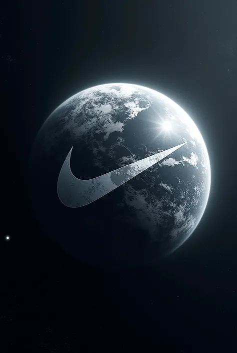 Planète entierement Nike vue de lespace avec 3 continents tous en forme de logo Nike 