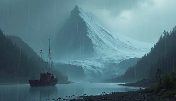 Image of Alaska glacier in rainy weather, an old ship on the horizon 