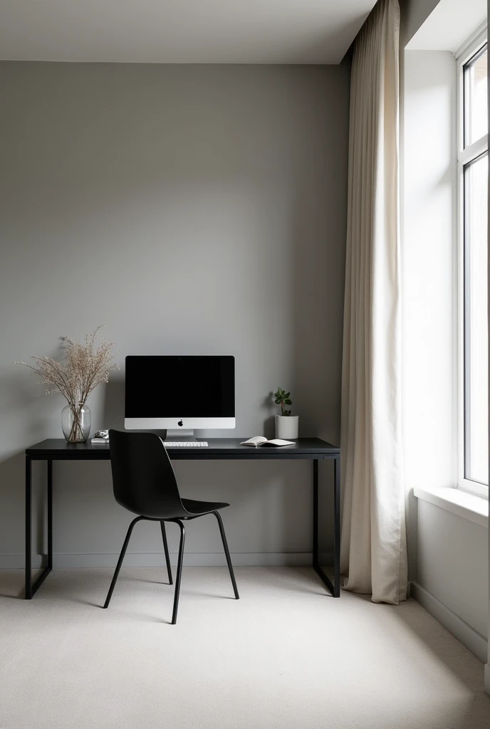 Create a home office space that is simple and beautiful.
The black table with the computer is in the middle of the space with a chair between the table and the wall and in the background, a gray wall, and on the right side a window with a long curtain of r...