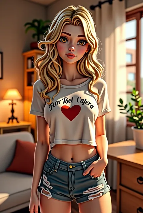 A 3D render of a confident and charming female character with cascading wavy blonde hair that frames her expressive brown eyes. She exudes anaura of modern fashion in her casual outfit, which includes a Flor Bet Cajera  printed white t-shirt, a red heart s...