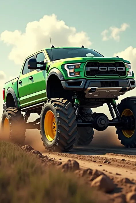 A green Ford F150 pickup truck with yellow rims is rolling over a tractor