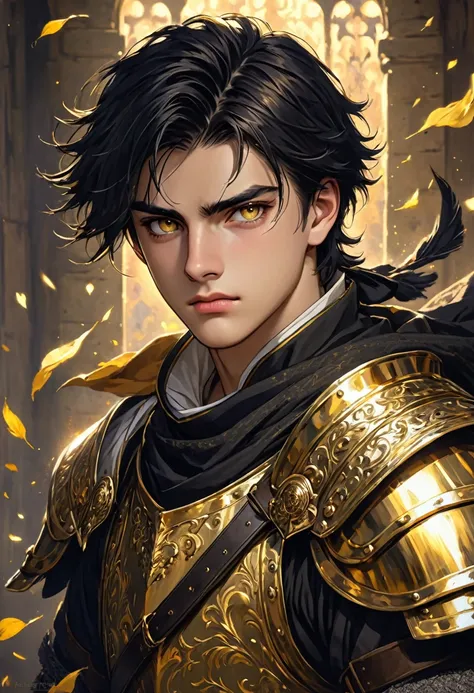 Dark fantasy, 18-years-old guy, 1 boy, male, warrior, noble, medieval, black hair, golden eyes, imponent