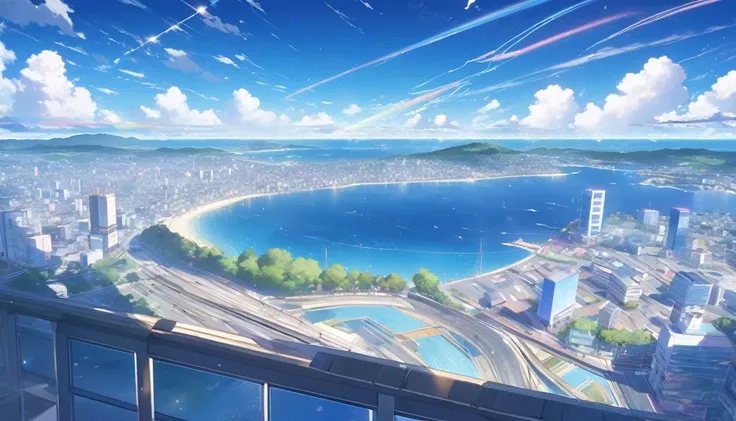 High definition、high resolution、Masterpiece、Daytime、Redness、unrest、Numerous pastel glitters、The sky is blue、A city with an ocean view、Nagoya City、City、Makoto Shinkai style、Landscape only