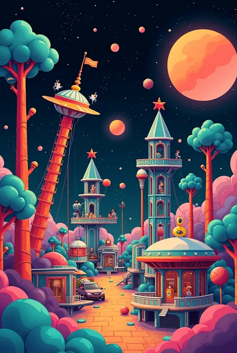 an amusement park in space at night Original, genial, but impossible to do. Inspired by a vibrant and surreal cartoon style SOVIET STYLE