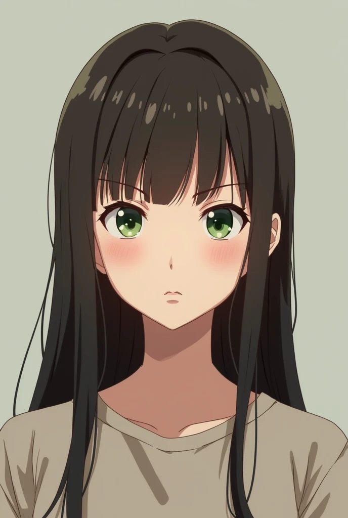 A brunette middle aged anime woman with straight long hair, a middle part, with green eyes, staring with a blank expression 