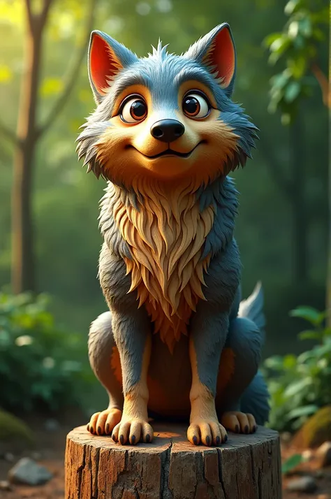 Cartoon style wooden totem of a wolf