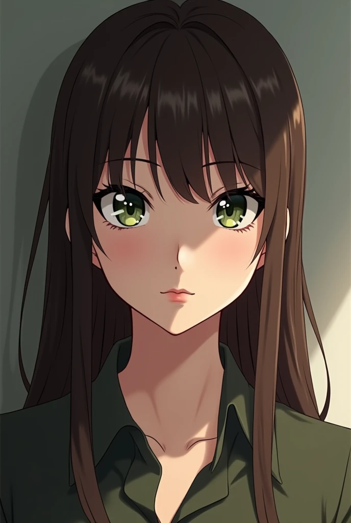 A brunette middle aged anime woman with straight long hair, a middle part, no bangs, with green eyes, staring with a blank expression 