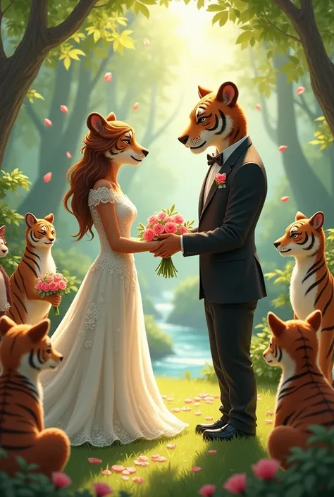 A wedding between a bear and a tiger. The bear is a woman and the tiger is a skinny man.