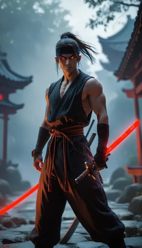 Dark ninja standing with a sword in his hand, looking at the camera, glowing red eyes, background of the Japanese kingdom,