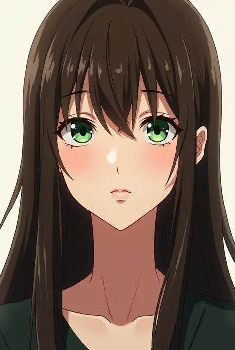 A brunette middle aged anime woman with straight long hair, a middle part, no bangs, with green eyes, staring with a blank expression 