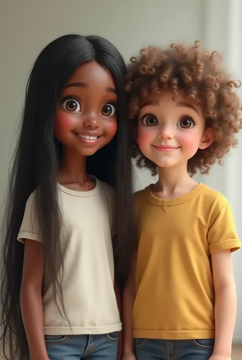  Two children, one black with very straight black hair and one white with curly brown hair. 