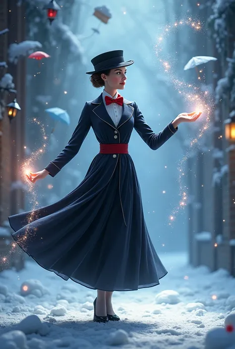 Mary Poppins doing magic on the floor with a snowy background