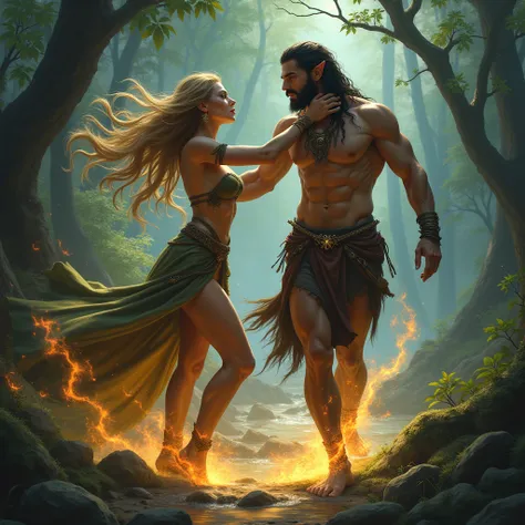 A female Elven barbarian from the Wild Magic Path seduces her male companion with her beautiful body shining with magical powers.。Barbarians prefer to live in environments far removed from civilization.、I embrace my instinctual beast side.。Barbarians livin...