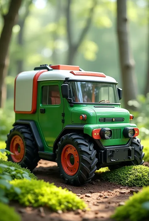 Environmental robot in the form of a green, white and red vehicle with a compartment in the back 