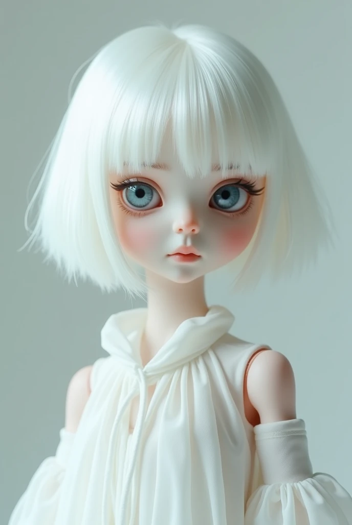 create a humanized doll with very white short hair dressed