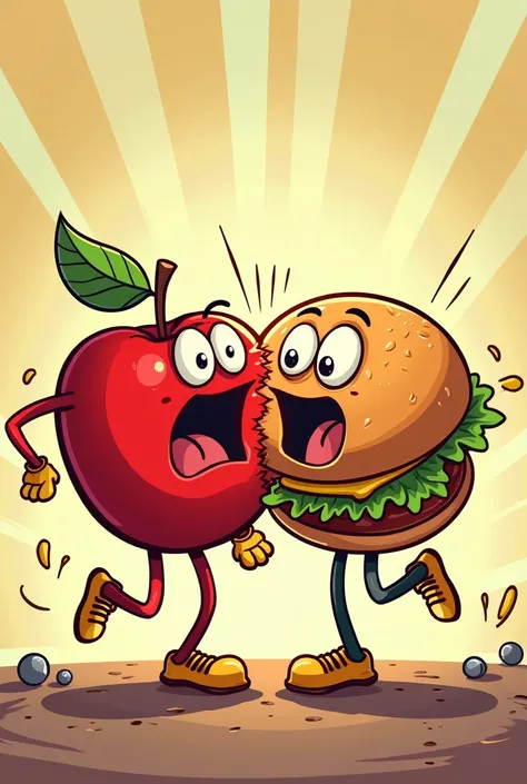 An apple hitting a hamburger, in cartoon form